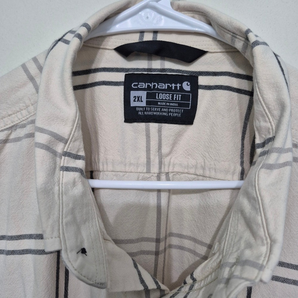 Carhartt Mens 2XL Loose Fit Short Sleeve Plaid Button Down Shirt Cream Grey - Picture 4 of 5
